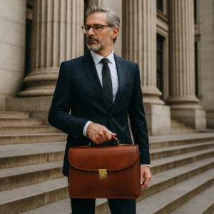 Luxury leather briefcase made from full-grain Italian leather, handcrafted with compartments for a 15-inch laptop and professional daily use.