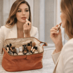 leather cosmetic case with smooth interior lining and refined handmade stitching, designed to hold makeup tools, brushes, and jewelrys