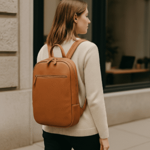 Woman walking with tan leather backpack, full-grain calfskin, minimalist style. Perfect for city commuting or travel.