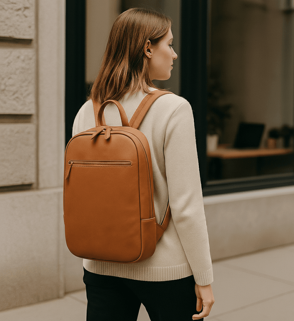 Image_2re04c2re04c2re0 Woman walking with tan leather backpack, full-grain calfskin, minimalist style. Perfect for city commuting or travel.