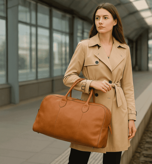 Woman carrying Tan Leather Weekender Travel Bag - Large Calfskin Duffel Bag for Travel - Amaz1a