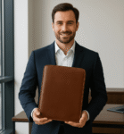 Business leather notepad in full-grain calfskin with zipper closure, card slots and pen holders, ideal for professionals seeking a luxurious handmade portfolio.