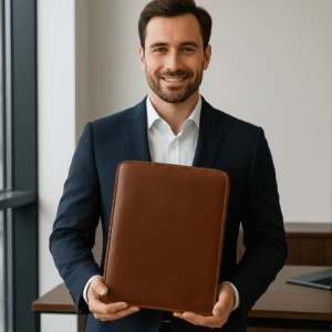 Business leather notepad in full-grain calfskin with zipper closure, card slots and pen holders, ideal for professionals seeking a luxurious handmade portfolio.