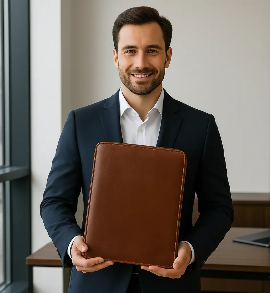 Business leather notepad in full-grain calfskin with zipper closure, card slots and pen holders, ideal for professionals seeking a luxurious handmade portfolio.