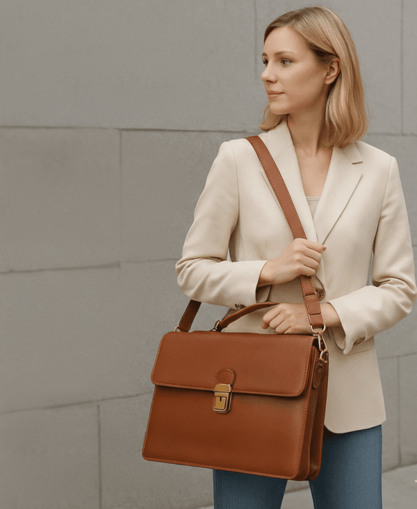 Premium full-grain calfskin leather briefcase featuring classic Italian craftsmanship and timeless elegance.