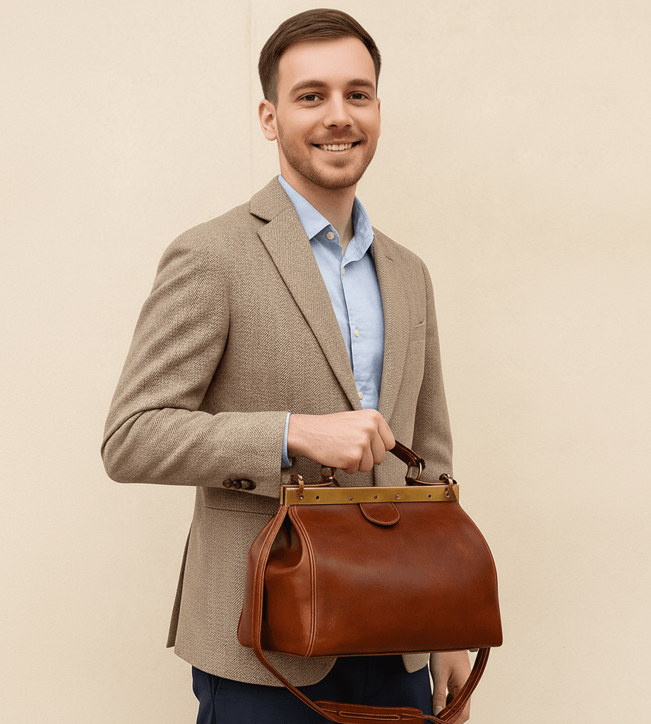 Image_q18odfq18odfq18o Vintage doctor-style leather bag in rich brown full-grain calfskin with brass frame closure and top handle, perfect for timeless everyday or travel elegance