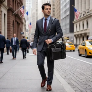 A stylish man in a grey suit walking down a New York street carrying a black leather bag with an umbrella in the side pocket."