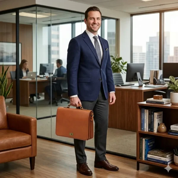 A photograph of a well-dressed man in a blue blazer and grey trousers, holding a tan leather briefcase and smiling at the camera in a modern open-plan office. He stands on a wood floor near a brown leather armchair and a bookshelf. Other employees work at desks in the background with large windows overlooking a city skyline.
