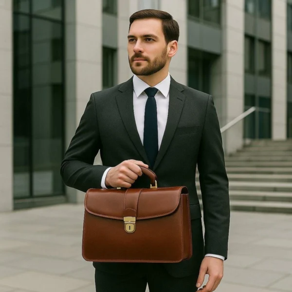 A businessman in a tailored charcoal suit holding a tan leather briefcase with a single top handle and a classic gold-tone lock closure, standing in front of a modern office building.