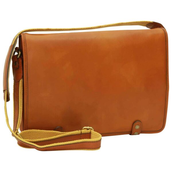 Front view of a tan leather messenger bag featuring a clean, minimalist flap design and an adjustable yellow canvas shoulder strap