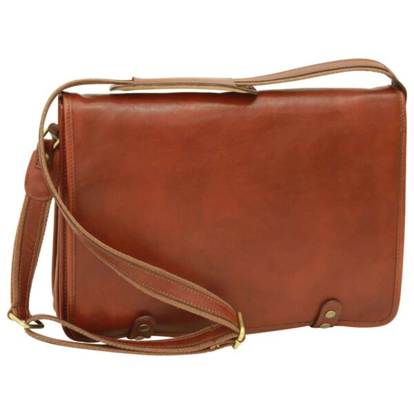 Front view of a reddish-brown leather messenger bag with a large minimalist flap and a matching leather-trimmed shoulder strap