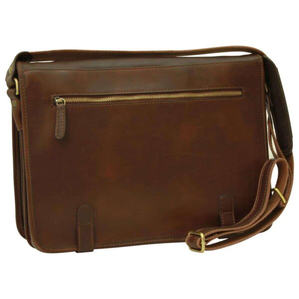 Front view of a dark brown leather messenger bag featuring a horizontal zippered pocket on the flap and a matching brown canvas shoulder strap