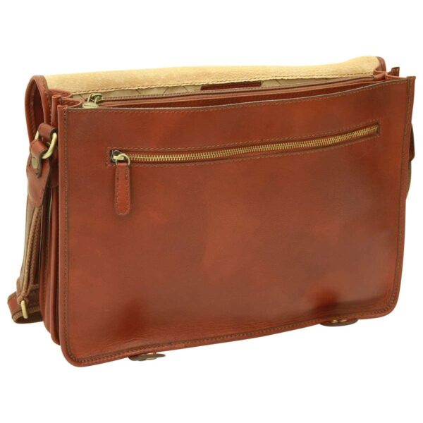 Front view of an open reddish-brown leather messenger bag showing a horizontal zippered pocket and a suede-lined flap
