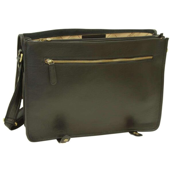 Front view of an open black leather messenger bag showing a horizontal zippered pocket and a beige patterned lining