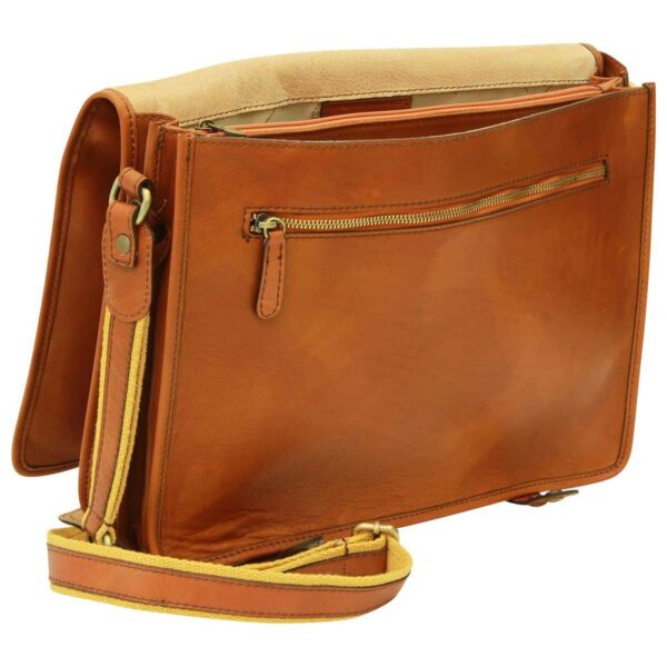 Front view of an open tan leather messenger bag showing a horizontal zippered pocket, a suede-lined flap, and a yellow canvas strap