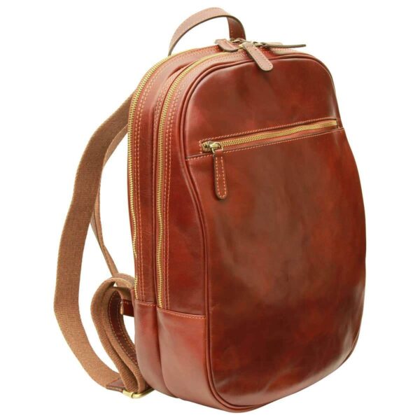tan brown full-grain Italian leather backpack with gold zippers and top handle — men's luxury laptop travel backpack`
