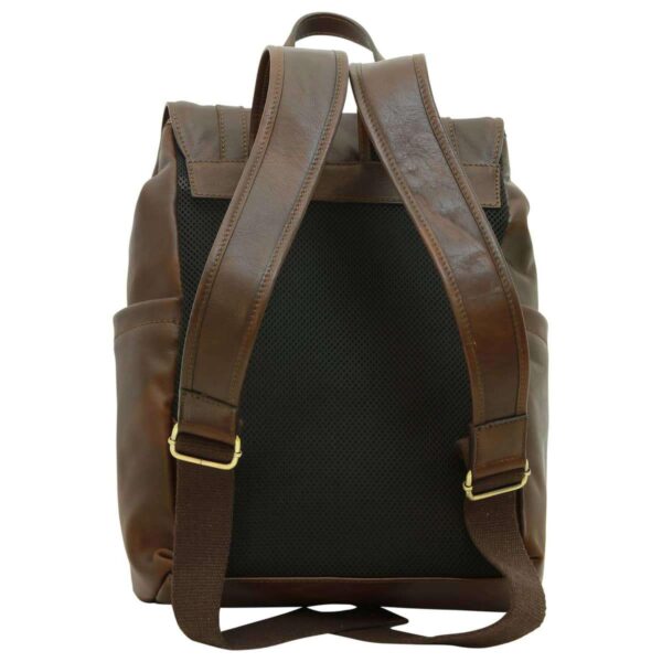 Rear view of a classic brown leather backpack featuring adjustable padded shoulder straps, a top carry handle, and a breathable black mesh back panel.