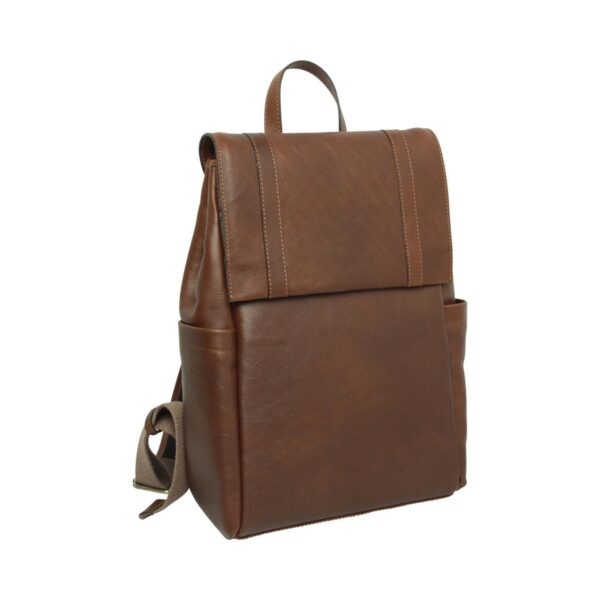 Three-quarter view of a brown leather backpack showcasing its structured design, smooth finish, and side profile with an integrated slip pocket. It features a decorative stitched fold-over flap, a top handle, and adjustable textile straps.