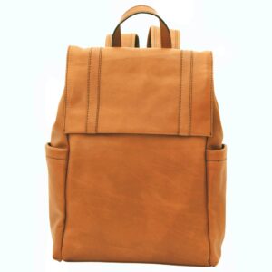 A tan leather backpack with a rectangular silhouette, featuring a large fold-over flap with vertical stitched detailing, a top carry handle, and side slip pockets against a plain white background.