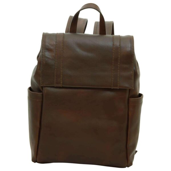 Front view of a sleek, dark brown leather backpack featuring a minimalist fold-over flap with vertical stitched detailing. It includes a top leather handle and two side slip pockets for easy access.