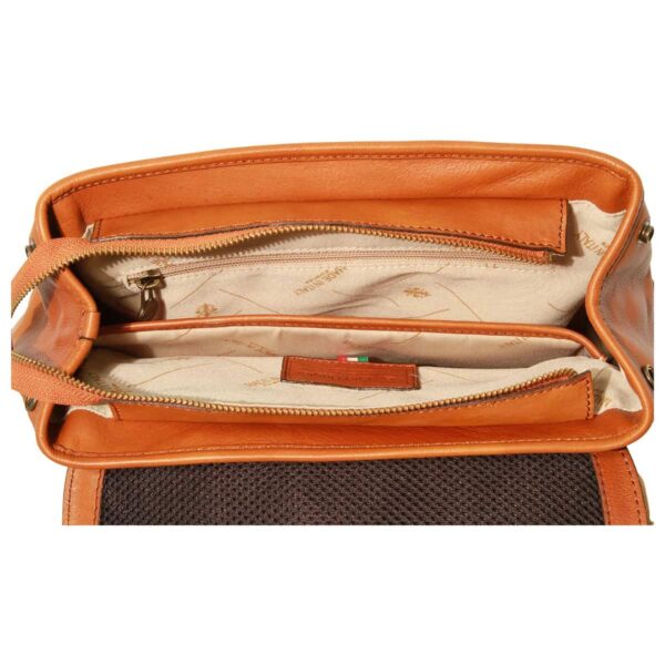 A top-down, close-up view looking into the open main compartment of a tan leather messenger bag or backpack. The interior is lined with a light-colored fabric featuring a subtle "Made in Italy" pattern and includes multiple organized sections: a zippered pocket, a central divider, and an open sleeve. A small leather patch with the brand's logo is stitched into the lining, and the underside of the main flap shows a breathable dark brown mesh.