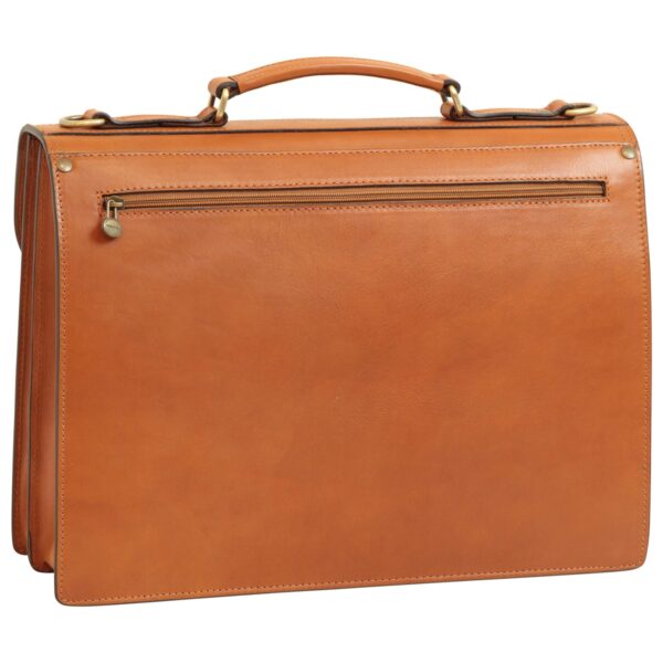 A rear view of a tan leather briefcase featuring a wide horizontal zippered pocket, a reinforced top handle, and brass-tone hardware on a smooth, structured leather surface.