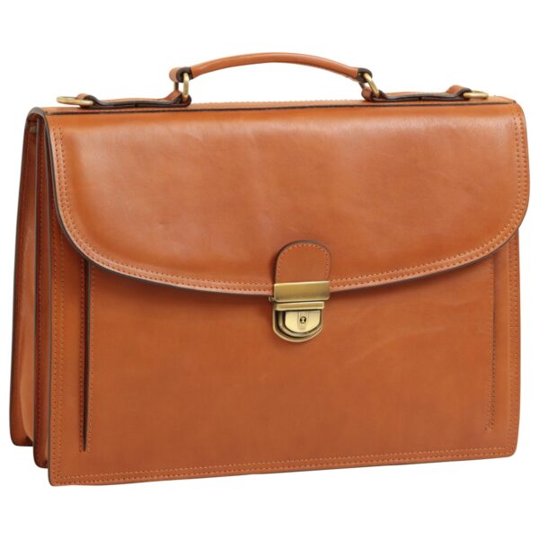 Το Gemini είπε A tan leather briefcase with a top handle and a brass tuck-lock clasp on the front flap.