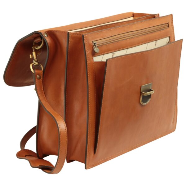 A tan leather messenger bag shown at an angle with the main flap open, revealing multiple internal compartments, a zippered pocket, and a cream-colored lining, featuring brass hardware and a matching leather shoulder strap.