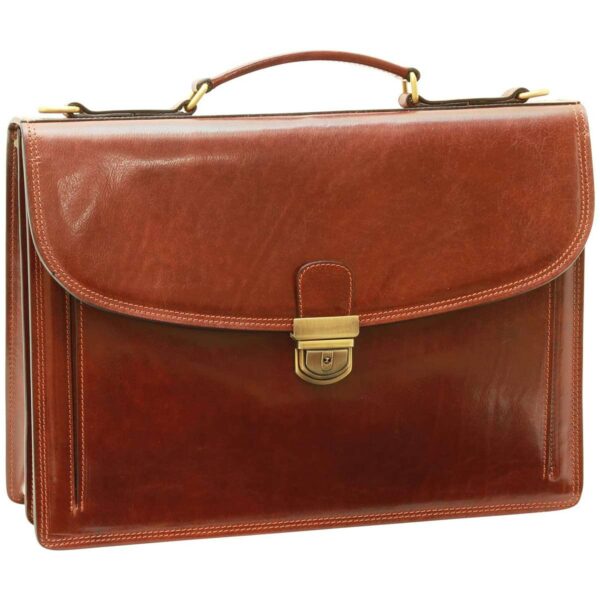 A dark brown, polished leather briefcase featuring a curved front flap with a brass push-lock closure, a structured top handle, and a multi-compartment design.