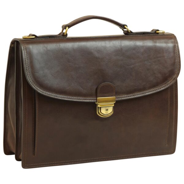 A dark brown, structured leather briefcase featuring a matte finish, a top handle, and a brass push-lock closure on the front flap, showing its multi-compartment gusseted side.