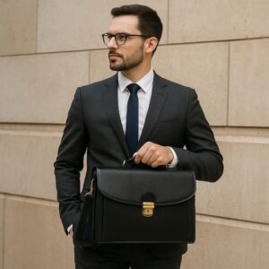 Luxury full grain calfskin leather executive briefcase in brown with dual compartments, organizer, and vintage brass lock