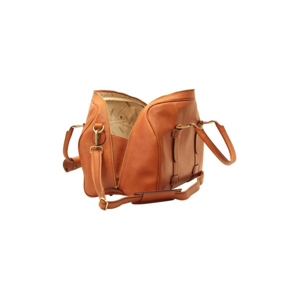 An open, tan leather duffel bag seen from a side-rear angle on a white background, displaying its spacious interior with patterned lining, a sturdy adjustable shoulder strap, and two leather top handles resting to the sides.
