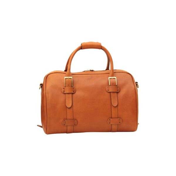 A front-facing view of a tan leather weekender duffel bag on a white background, featuring gold-tone hardware, two top handles with a leather grip, and vertical decorative straps with brass buckles.