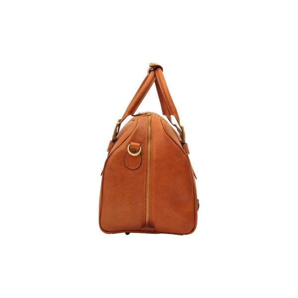 A side profile view of a closed, tan leather weekender bag on a white background, showing the vertical side zipper, a brass D-ring for the shoulder strap, and the two top handles joined at the top.