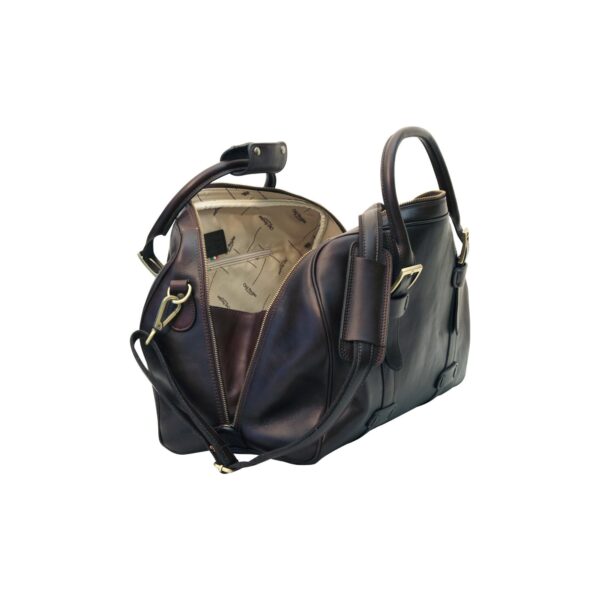 An open, dark brown leather duffel bag on a plain white background, revealing a light-colored patterned interior lining with a small zippered pocket and an Italian flag detail.