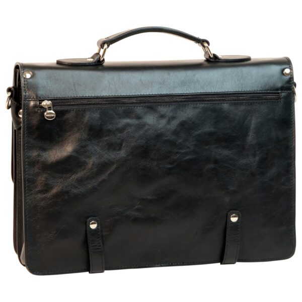 A rear view of a black leather briefcase, featuring a sturdy top handle with silver-tone hardware, a full-width horizontal zippered pocket, and two small leather loops with silver studs at the base.