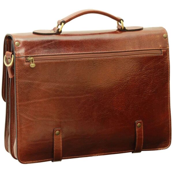 A rear view of a cognac-colored leather briefcase, showcasing a sturdy top handle with brass-tone hardware, a full-width horizontal zippered pocket, and two leather loops with brass studs at the base for reinforcement.