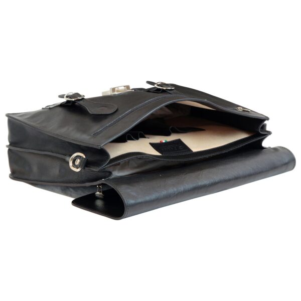 A perspective view of an open black leather briefcase lying flat, showing the interior cream-colored lining, several internal organizer pockets, and a silver-tone buckle and clasp assembly on the exterior flap.
