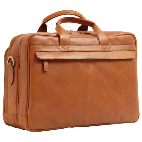 Front view of a tan leather briefcase with double top handles, multiple zippered compartments, and a front flap pocket with a small pull tab.