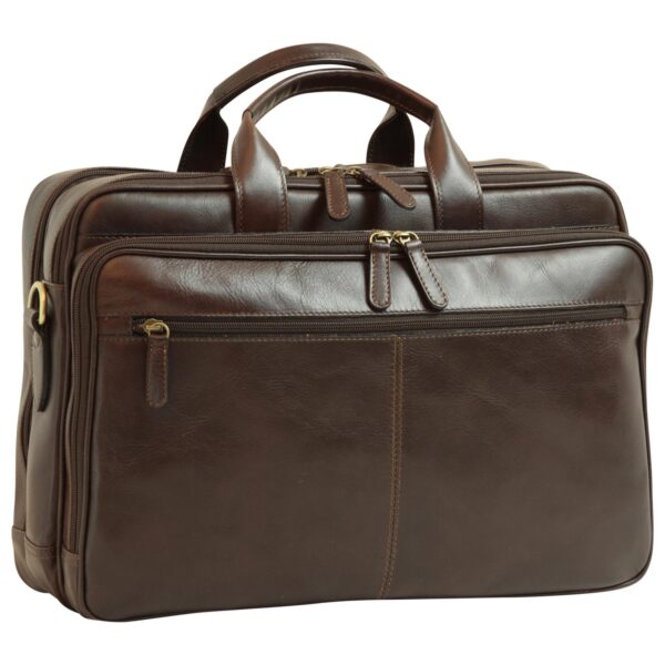 Front view of a dark brown leather briefcase with double top handles, featuring multiple zippered compartments and a horizontal zippered front pocket.