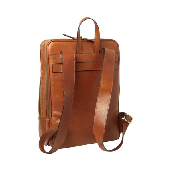`Tan genuine leather laptop backpack back view showing adjustable shoulder straps, top carry handle and antique gold hardware, side angle view`