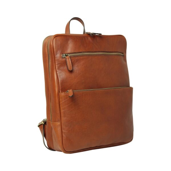 `Tan genuine leather laptop backpack with antique gold top and front zip pockets, side zipper, adjustable shoulder straps and top carry handle, front angle view`