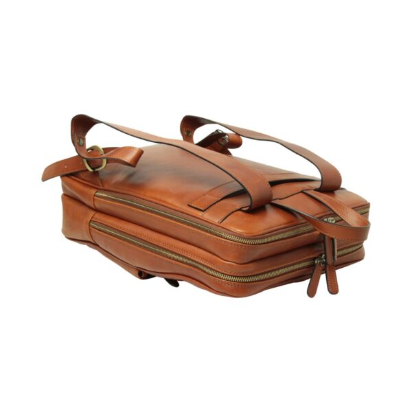 `Tan genuine leather laptop briefcase lying flat showing multiple antique gold zipper compartments, double top handles and adjustable shoulder strap, top-down angle view`