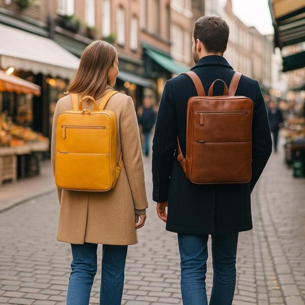`Man and woman walking on a city market street wearing matching leather backpacks, woman with yellow backpack and man with tan brown leather backpack with front zip pocket, lifestyle shot`