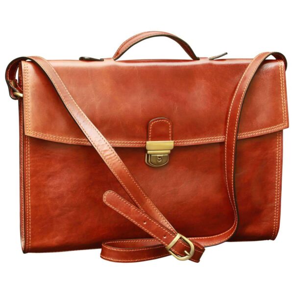 A front view of a classic brown leather briefcase featuring a top handle, an adjustable leather shoulder strap with a brass buckle, and a secure brass tuck-lock clasp on the front flap.
