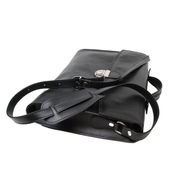 A top-angled view of a black leather briefcase or messenger bag lying flat, featuring a silver-toned tuck-lock clasp, an adjustable leather shoulder strap with a padded section, and a small top handle.