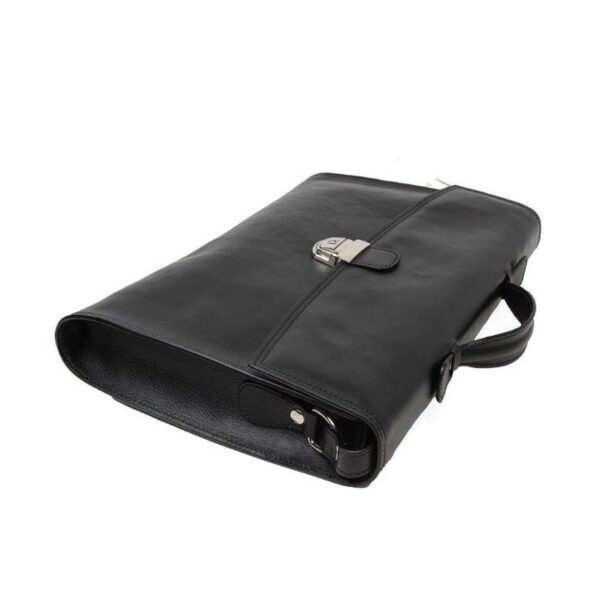 Black full-grain leather briefcase with silver clasp and shoulder strap — handcrafted professional laptop bag