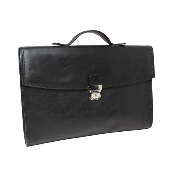 Black full-grain leather briefcase with turn-lock clasp and top handle — executive lawyer doctor work bag`