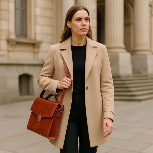 Professional woman carrying tan full-grain leather briefcase with shoulder strap — women's executive leather work bag`