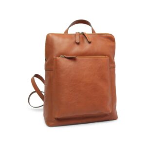 A sleek, cognac-colored leather backpack with a rectangular silhouette, featuring a large zippered front pocket, a top carry handle, and slim adjustable shoulder straps against a white background.